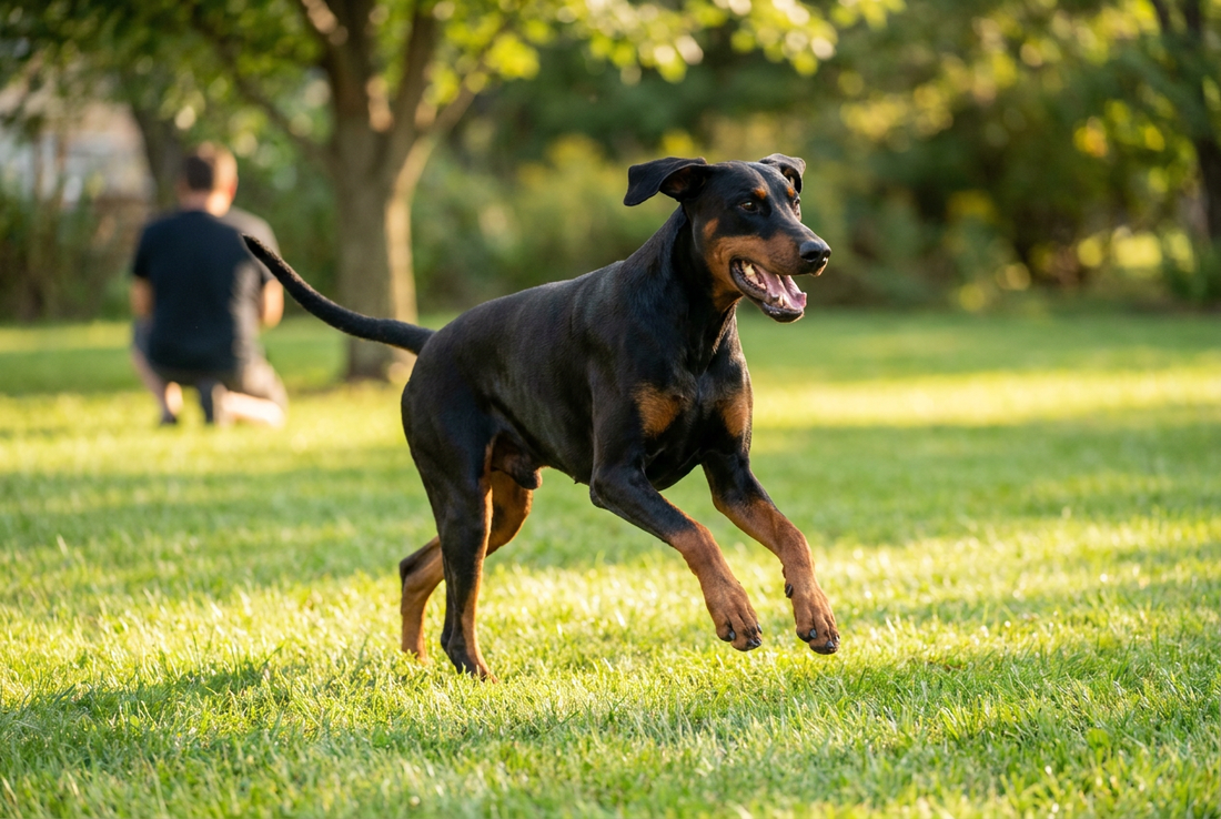 Adult Doberman Pinscher relaxing at home in a family setting