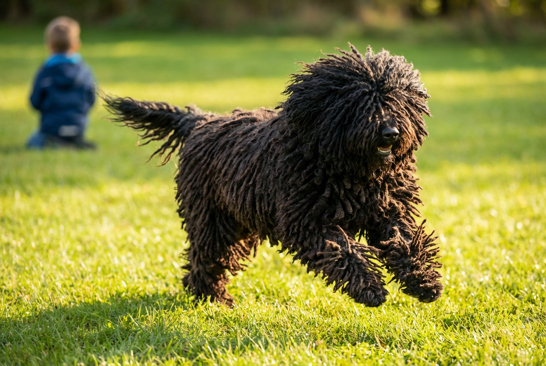 Adult Puli relaxing at home in a family setting