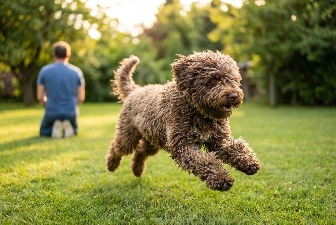 Adult Spanish Water Dog relaxing at home in a family setting