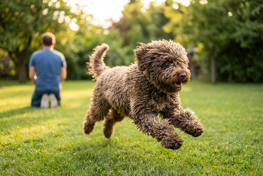 Adult Spanish Water Dog relaxing at home in a family setting
