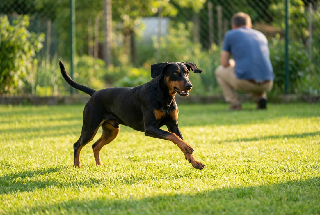 Adult German Pinscher relaxing at home in a family setting