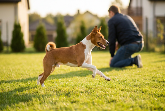 Adult Basenji relaxing at home in a family setting