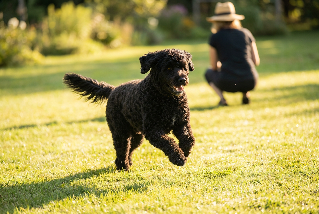 Adult Portuguese Water Dog relaxing at home in a family setting