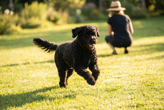 Adult Portuguese Water Dog relaxing at home in a family setting