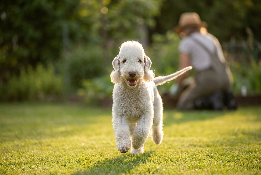 Adult Bedlington Terrier relaxing at home in a family setting
