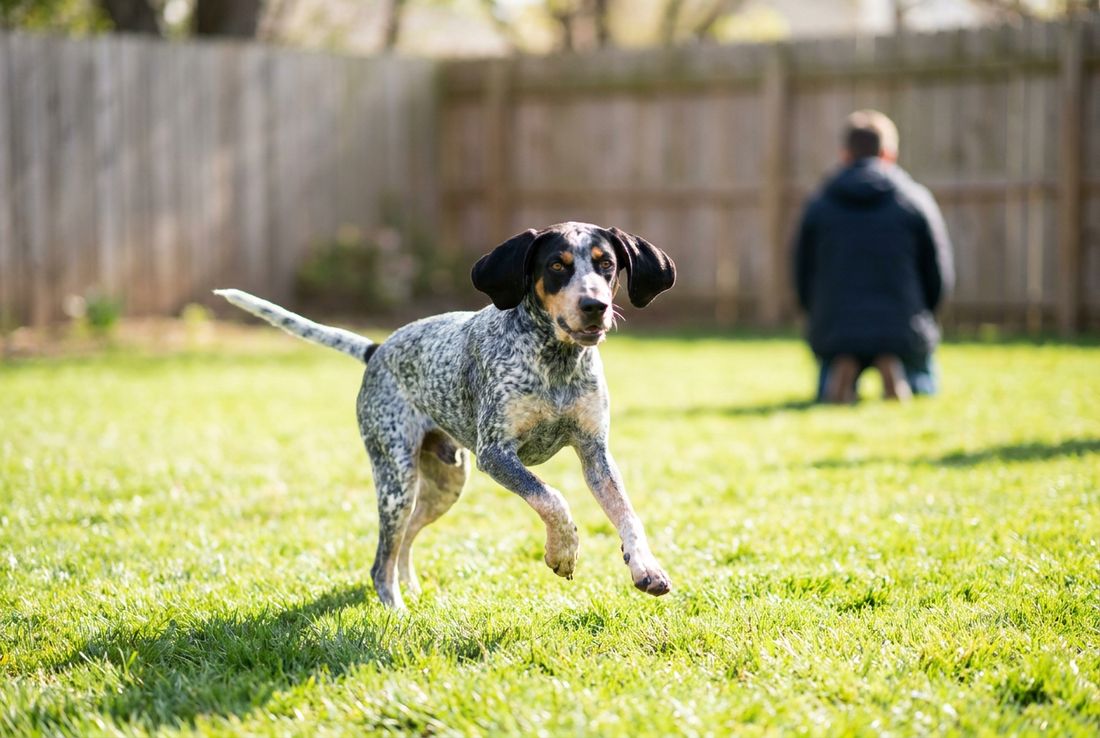 Adult Bluetick Coonhound relaxing at home in a family setting