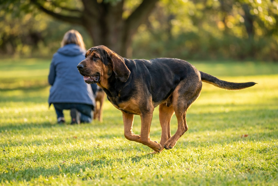 Adult Bloodhound relaxing at home in a family setting