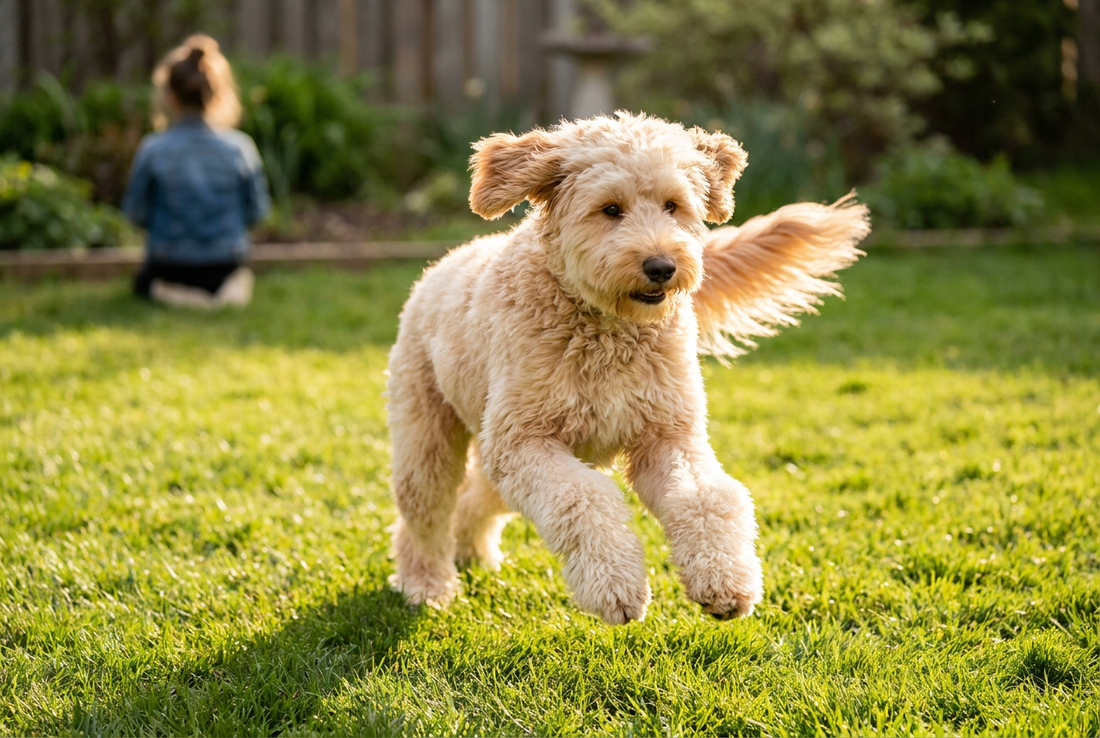 Adult Goldendoodle relaxing at home in a family setting