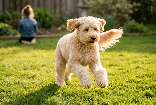 Adult Goldendoodle relaxing at home in a family setting