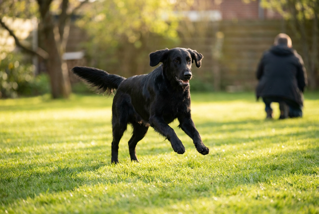 Adult Flat-Coated Retriever relaxing at home in a family setting