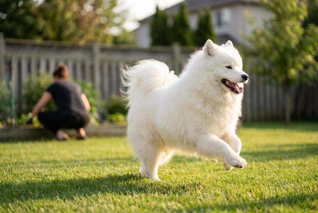 Adult Samoyed relaxing at home in a family setting