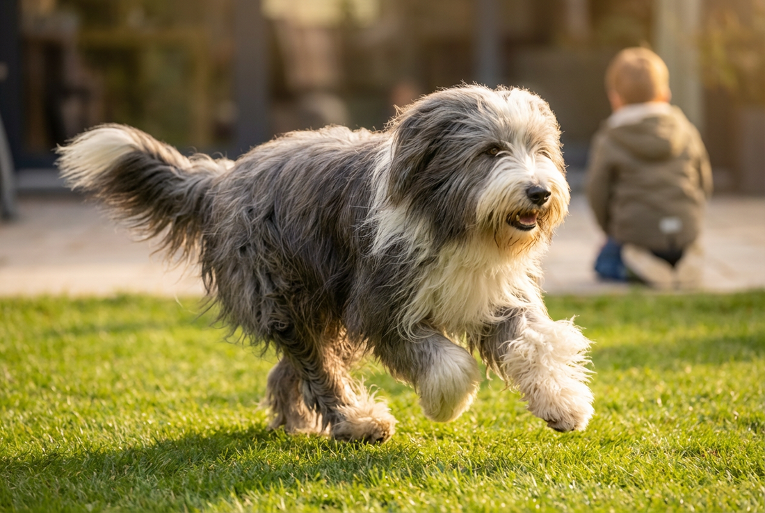 Adult Bearded Collie relaxing at home in a family setting
