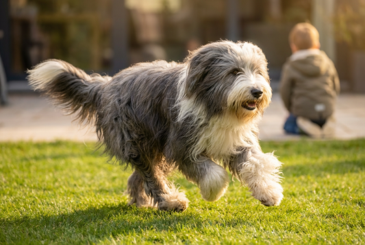Adult Bearded Collie relaxing at home in a family setting