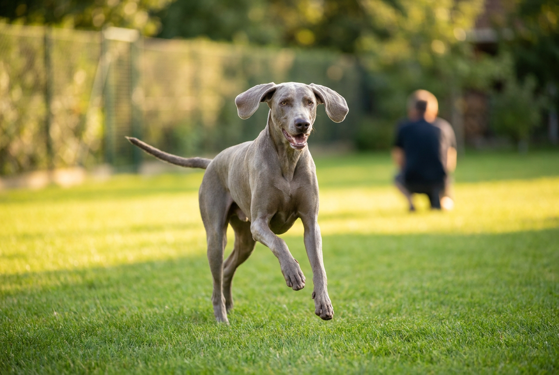 Adult Weimaraner relaxing at home in a family setting