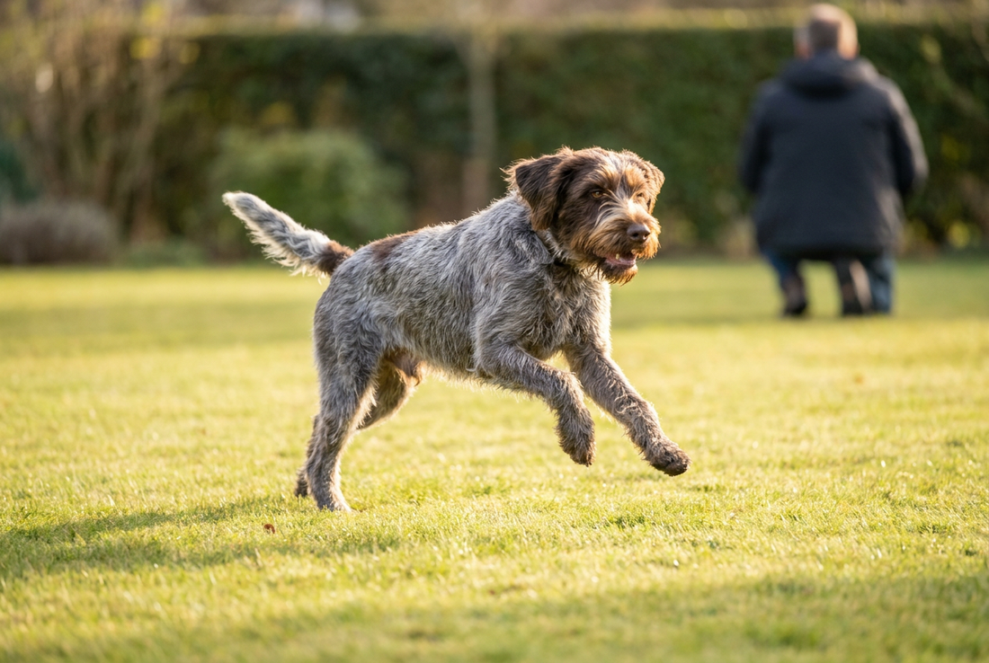 Adult Wirehaired Pointing Griffon relaxing at home in a family setting