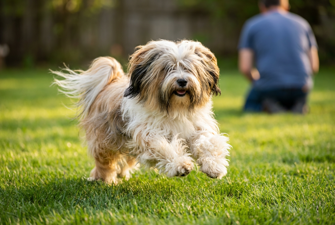 Adult Tibetan Terrier relaxing at home in a family setting