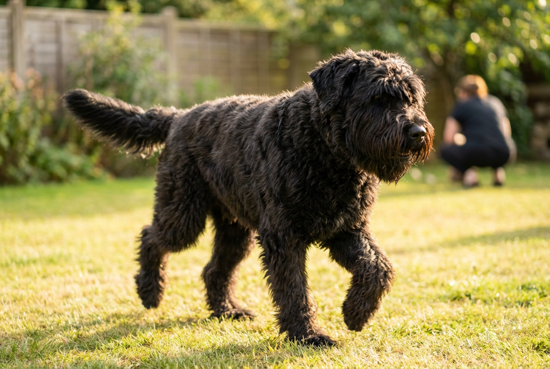 Adult Bouvier des Flandres relaxing at home in a family setting