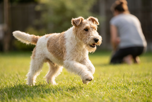 Adult Wire Fox Terrier relaxing at home in a family setting