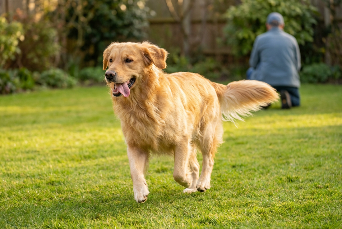 Adult Golden Retriever relaxing at home in a family setting