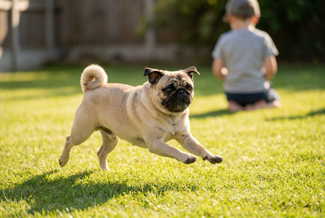 Adult Pug relaxing at home in a family setting