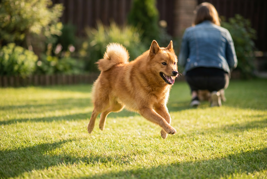 Adult Finnish Spitz relaxing at home in a family setting