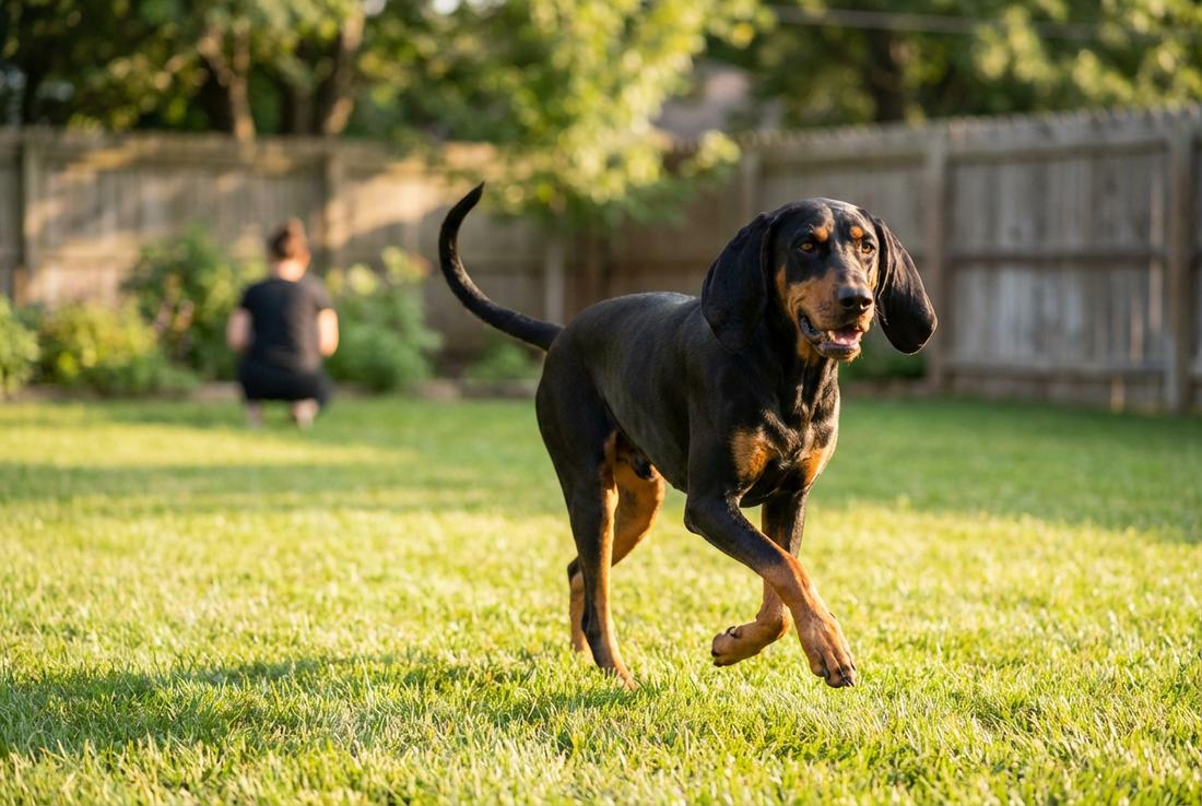 Adult Black and Tan Coonhound relaxing at home in a family setting