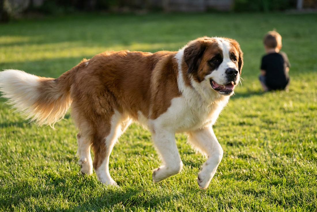 Adult Saint Bernard relaxing at home in a family setting