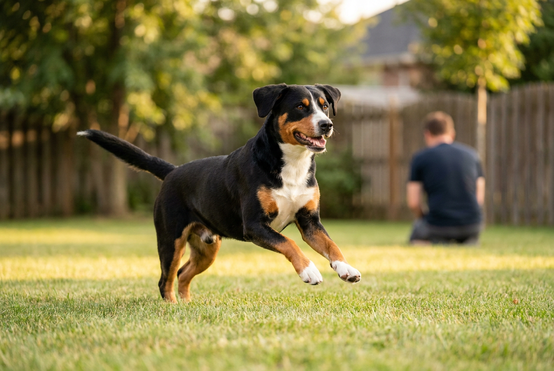Adult Entlebucher Mountain Dog relaxing at home in a family setting