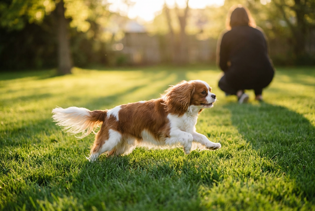Adult Cavalier King Charles Spaniel relaxing at home in a family setting