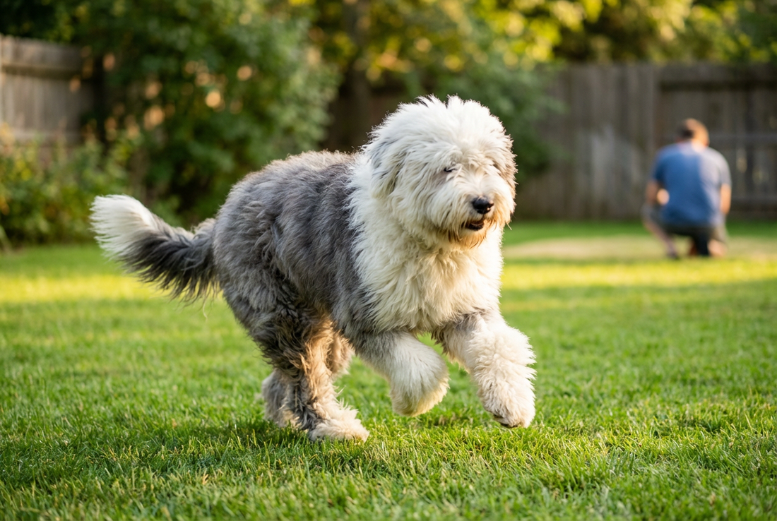 Adult Old English Sheepdog relaxing at home in a family setting