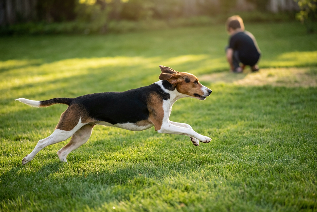 Adult American Foxhound relaxing at home in a family setting