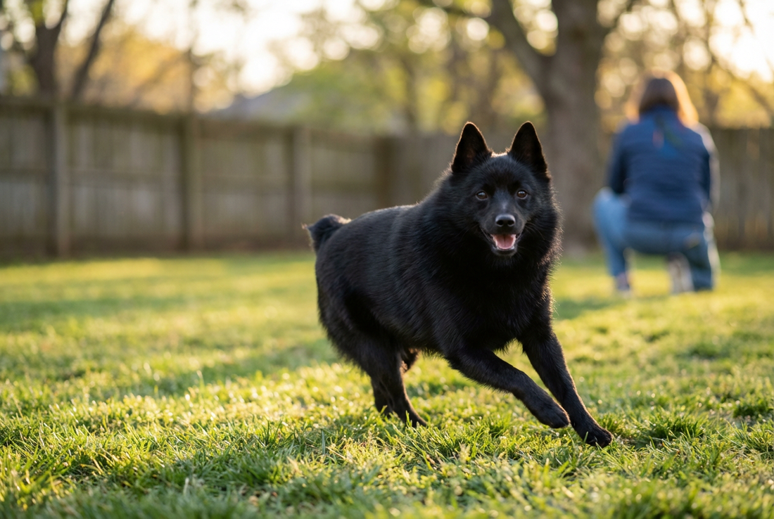 Adult Schipperke relaxing at home in a family setting