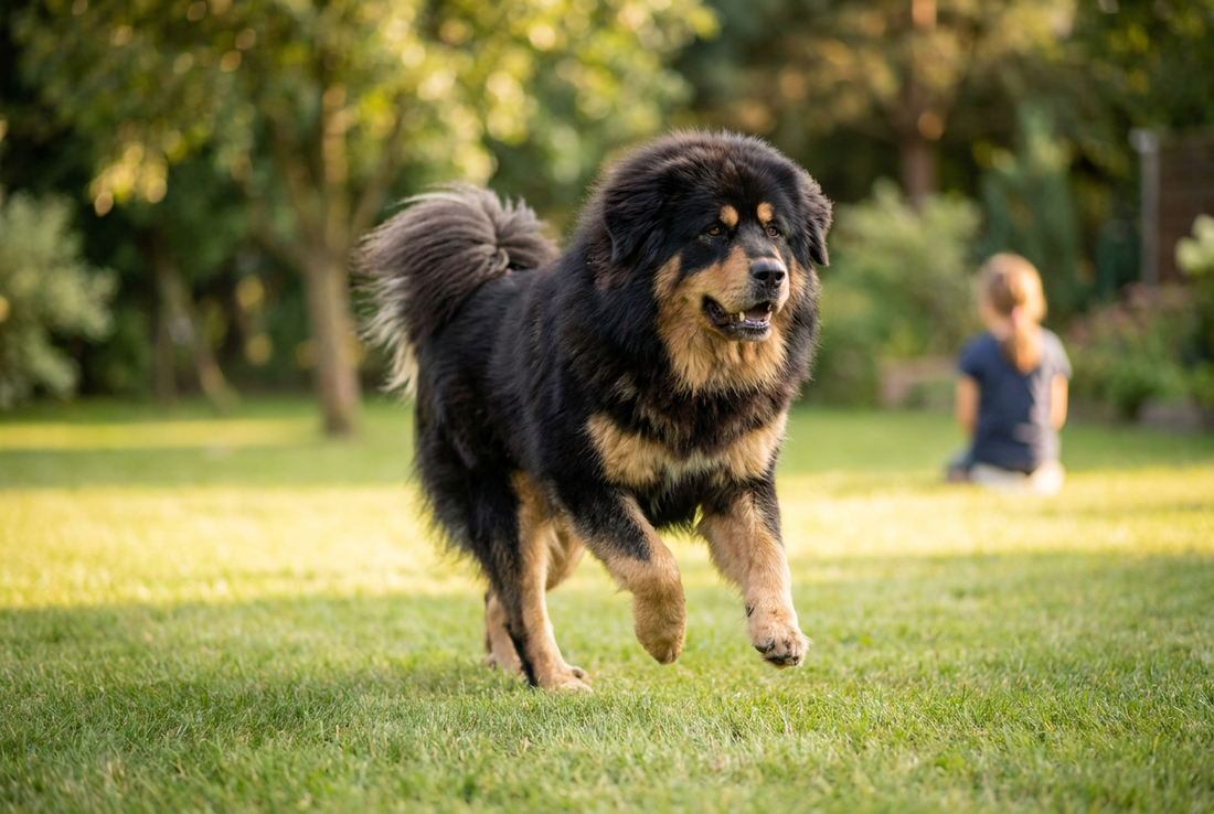 Adult Tibetan Mastiff relaxing at home in a family setting