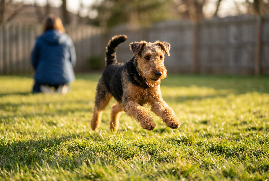 Adult Airedale Terrier relaxing at home in a family setting