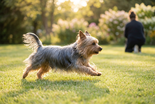 Adult Silky Terrier relaxing at home in a family setting