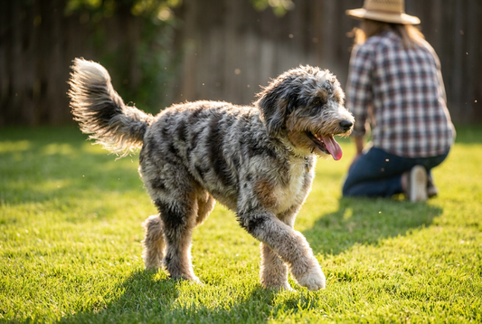 Adult Aussiedoodle relaxing at home in a family setting