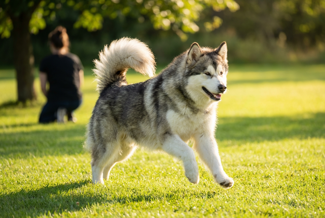 Adult Alaskan Malamute relaxing at home in a family setting