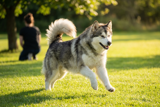 Adult Alaskan Malamute relaxing at home in a family setting