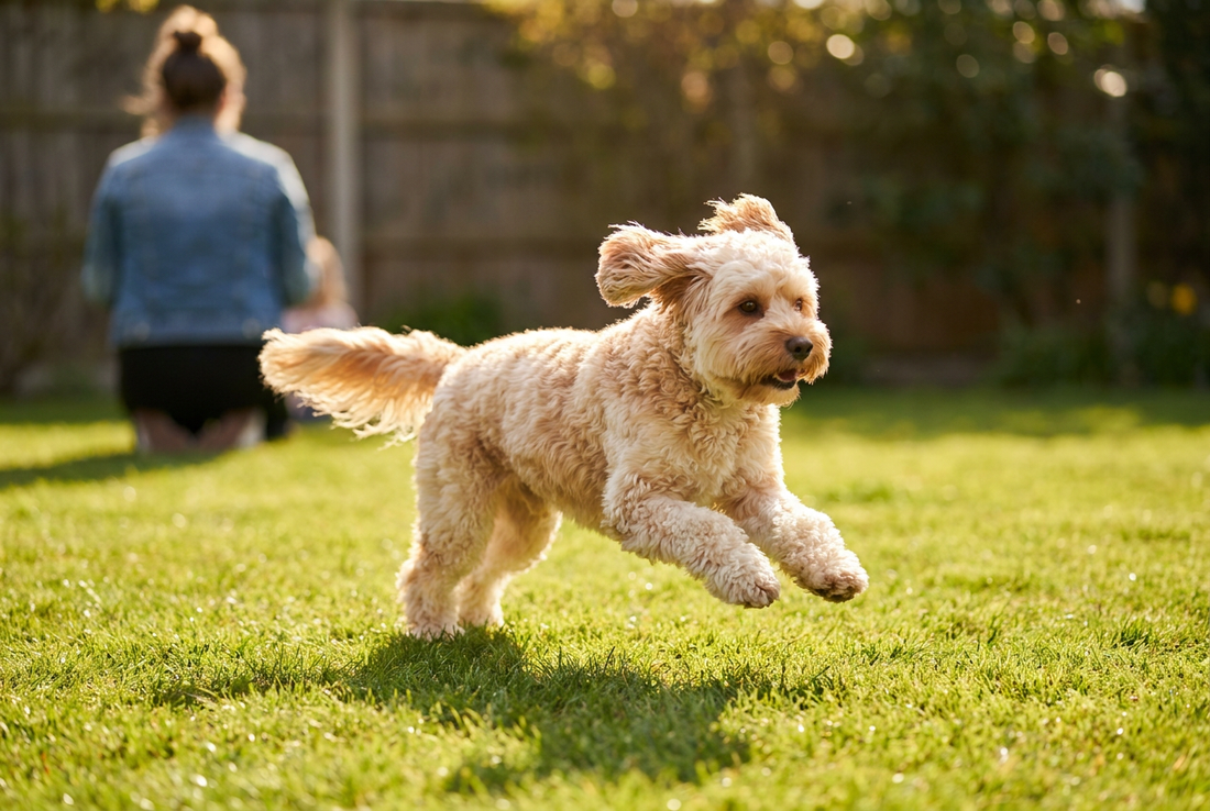 Adult Cavapoo relaxing at home in a family setting