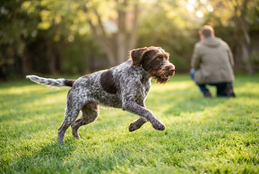 Adult German Wirehaired Pointer relaxing at home in a family setting