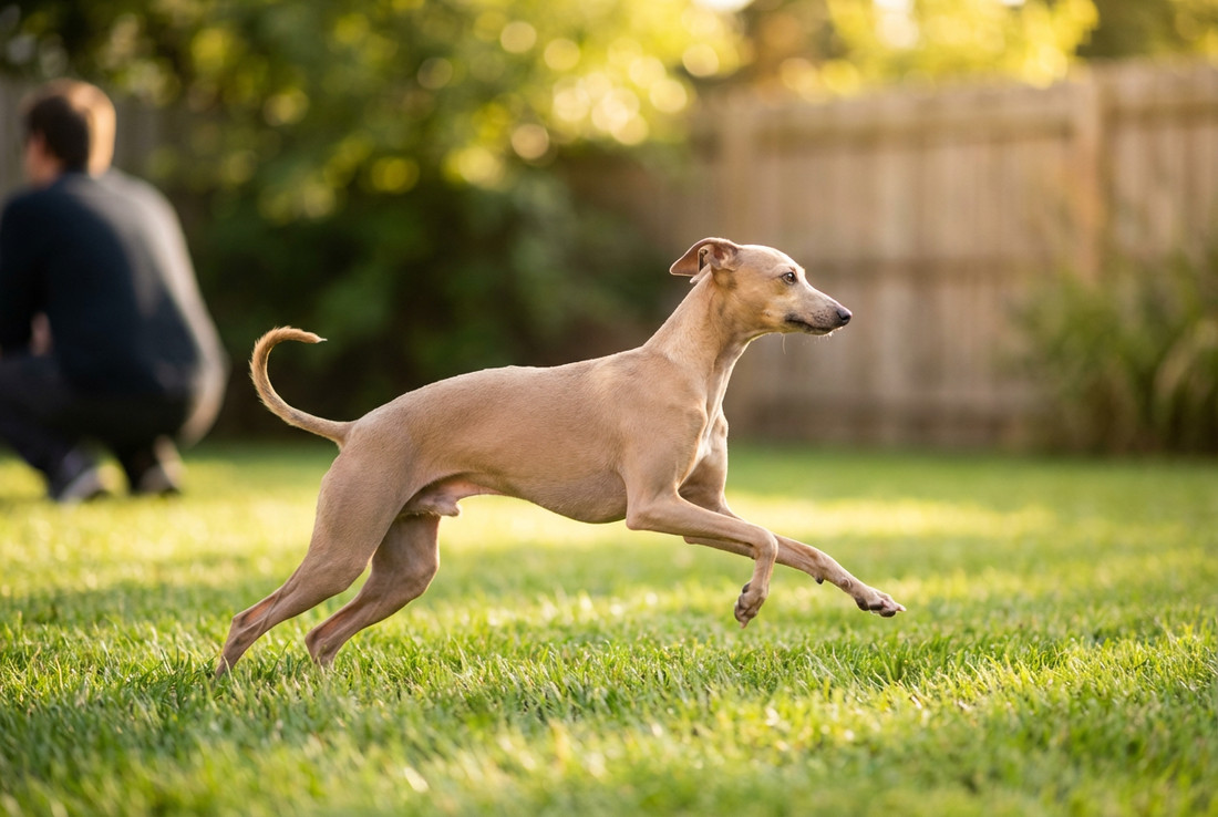 Adult Italian Greyhound relaxing at home in a family setting