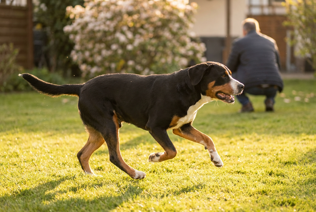 Adult Greater Swiss Mountain Dog relaxing at home in a family setting
