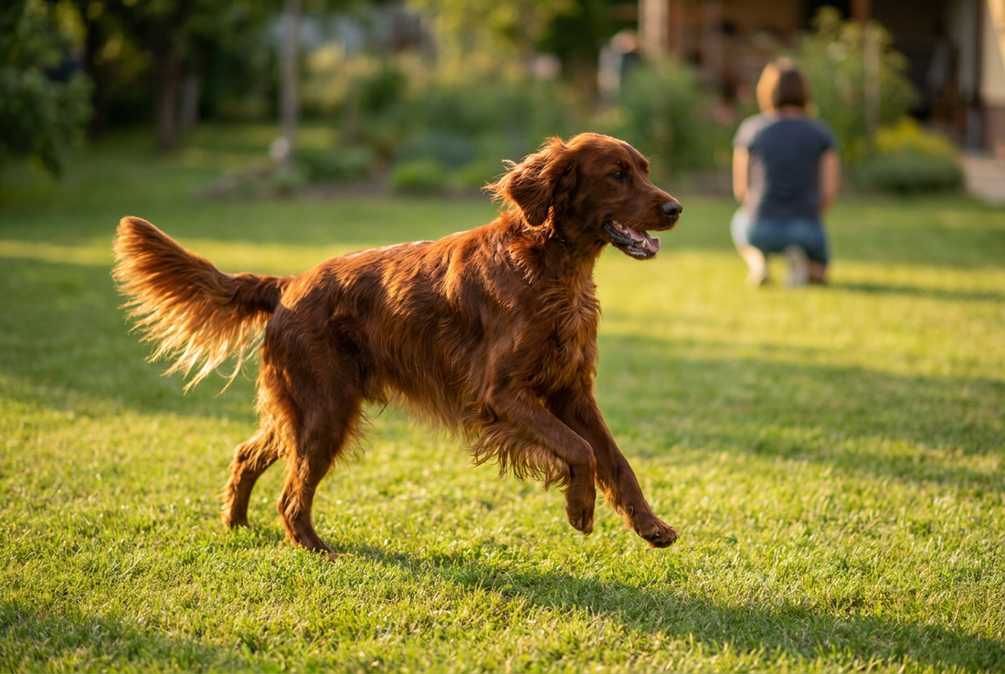 Adult Irish Setter relaxing at home in a family setting