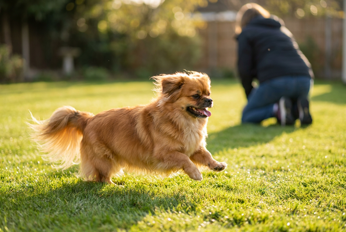 Adult Tibetan Spaniel relaxing at home in a family setting