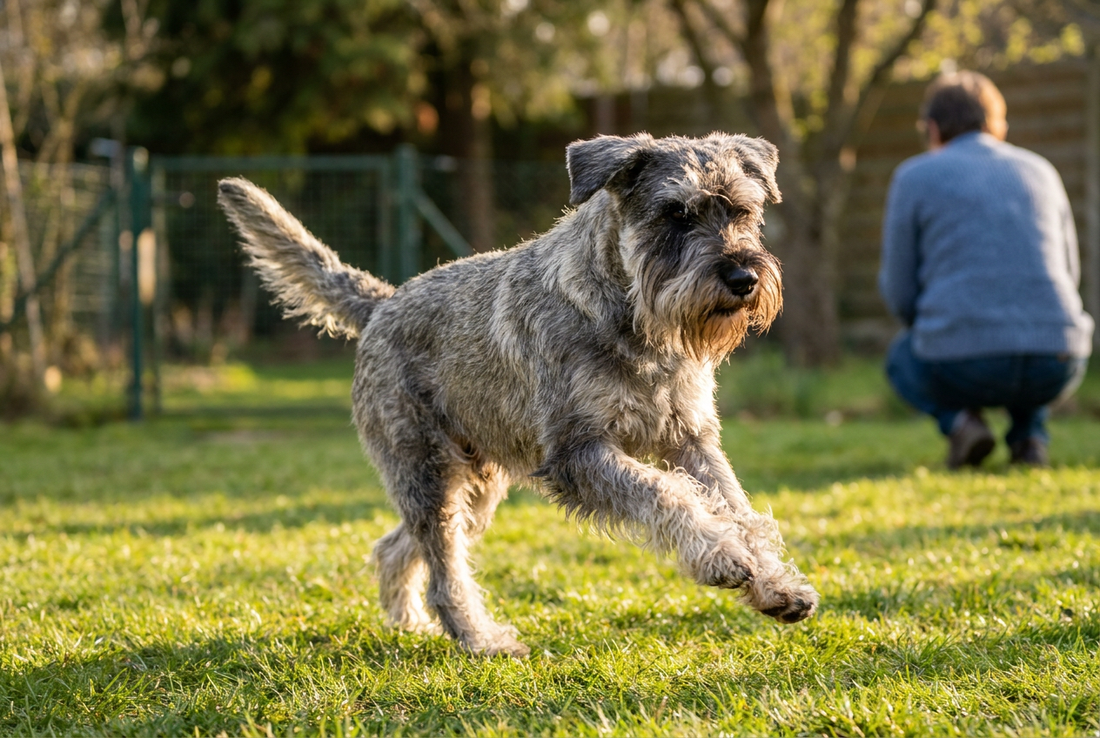 Adult Standard Schnauzer relaxing at home in a family setting