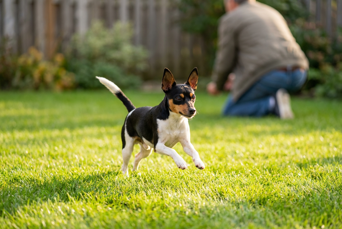 Adult Toy Fox Terrier relaxing at home in a family setting