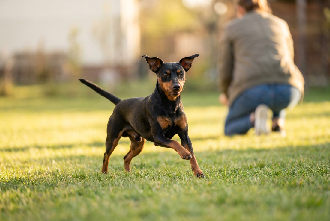 Adult Miniature Pinscher relaxing at home in a family setting