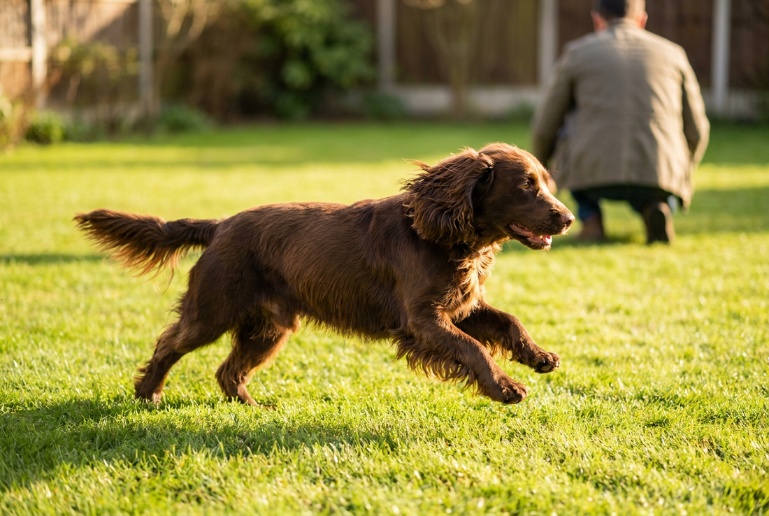 Adult Field Spaniel relaxing at home in a family setting