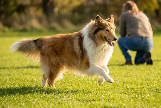 Adult Collie (Rough Collie) relaxing at home in a family setting