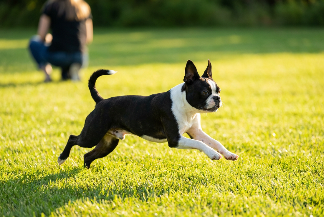 Adult Boston Terrier relaxing at home in a family setting